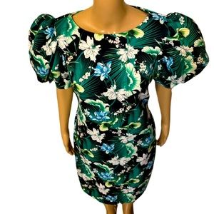 Green Tropical Print Puff Sleeve Dress Womens Size Large
